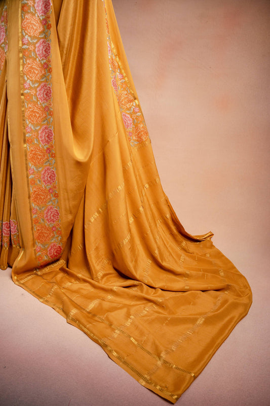 Mustard Crepe Saree with Floral Embroidery Border