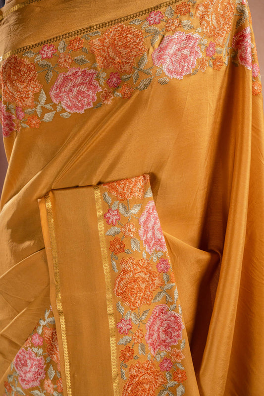 Mustard Crepe Saree with Floral Embroidery Border