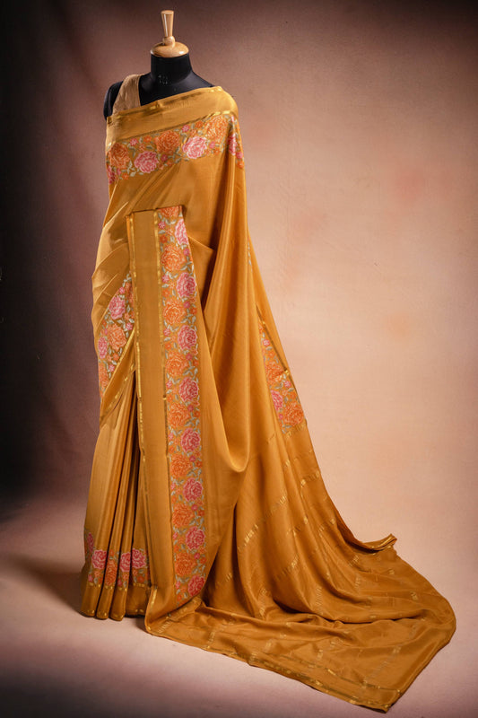 Mustard Crepe Saree with Floral Embroidery Border