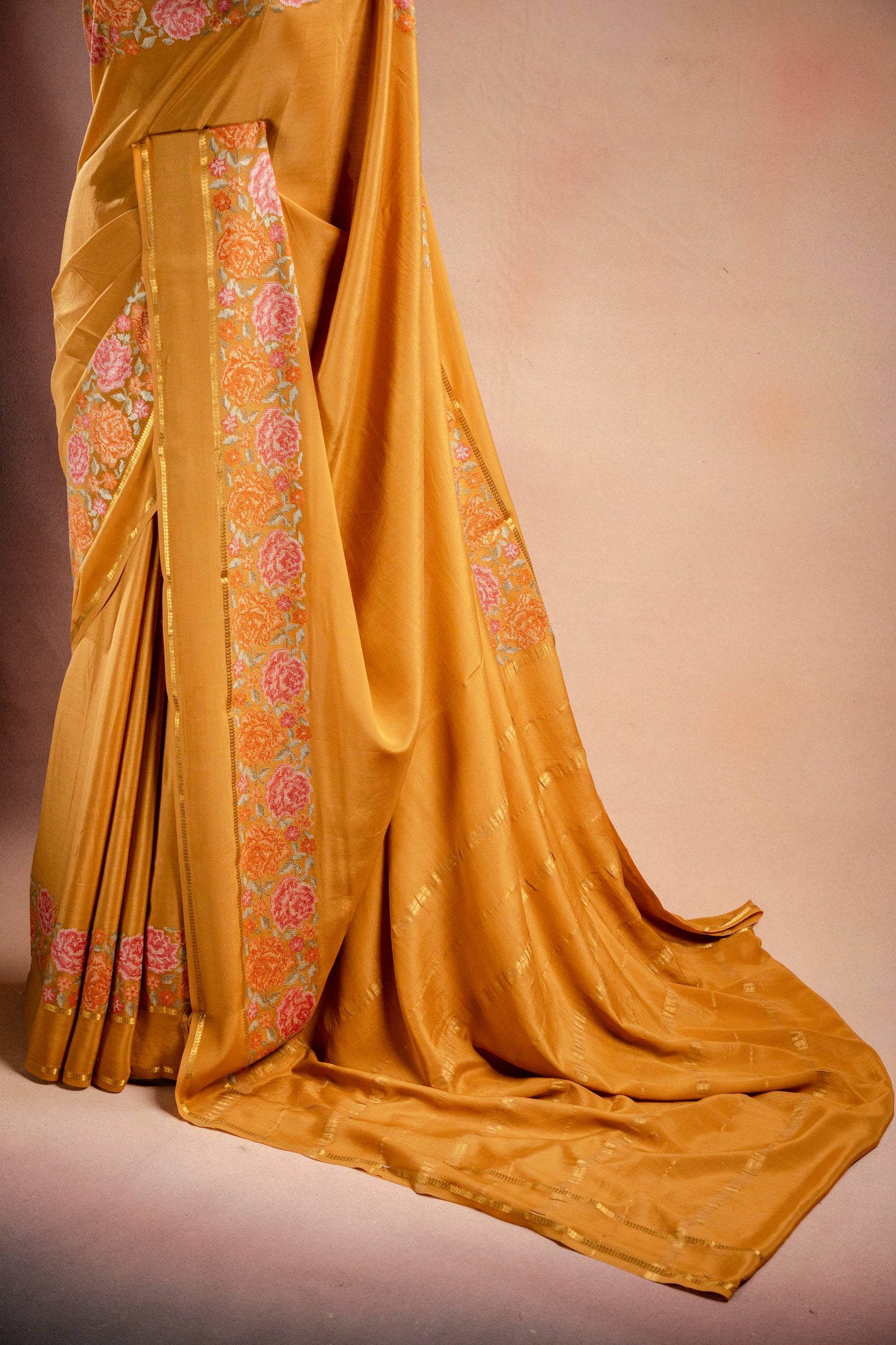 Mustard Crepe Saree with Floral Embroidery Border