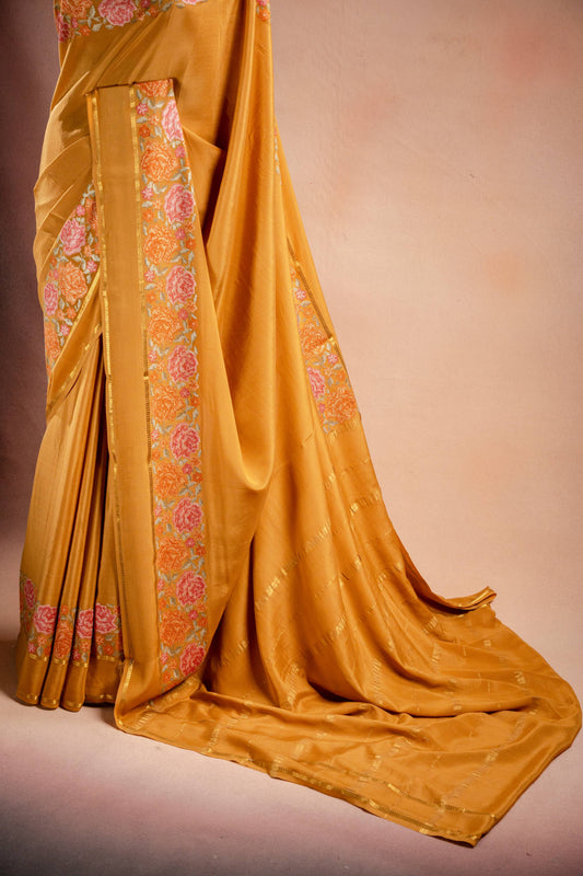 Mustard Crepe Saree with Floral Embroidery Border