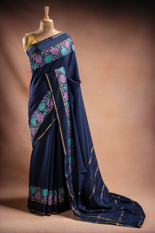 Navy Blue Crepe Saree with Floral Embroidery