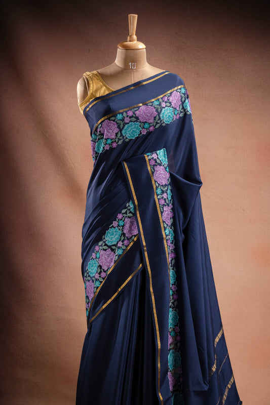 Navy Blue Crepe Saree with Floral Embroidery