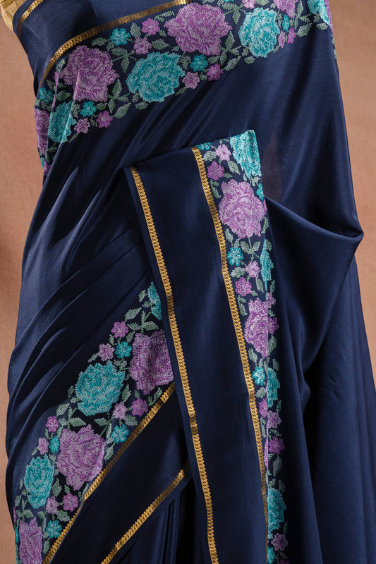 Navy Blue Crepe Saree with Floral Embroidery