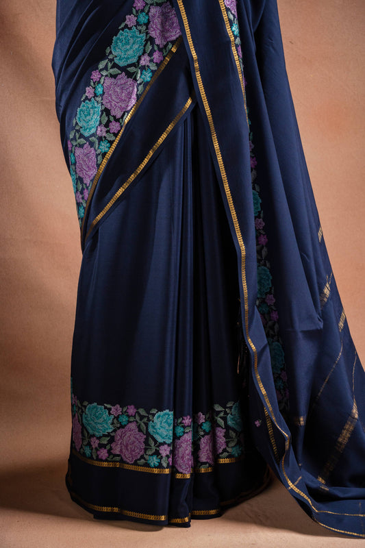 Navy Blue Crepe Saree with Floral Embroidery
