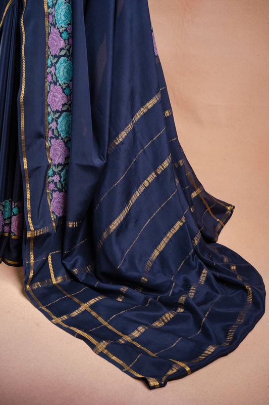 Navy Blue Crepe Saree with Floral Embroidery
