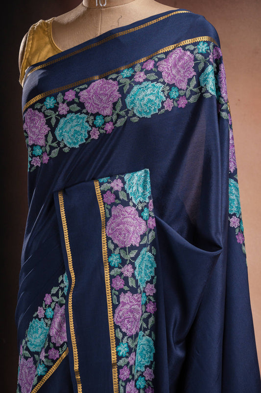 Navy Blue Crepe Saree with Floral Embroidery