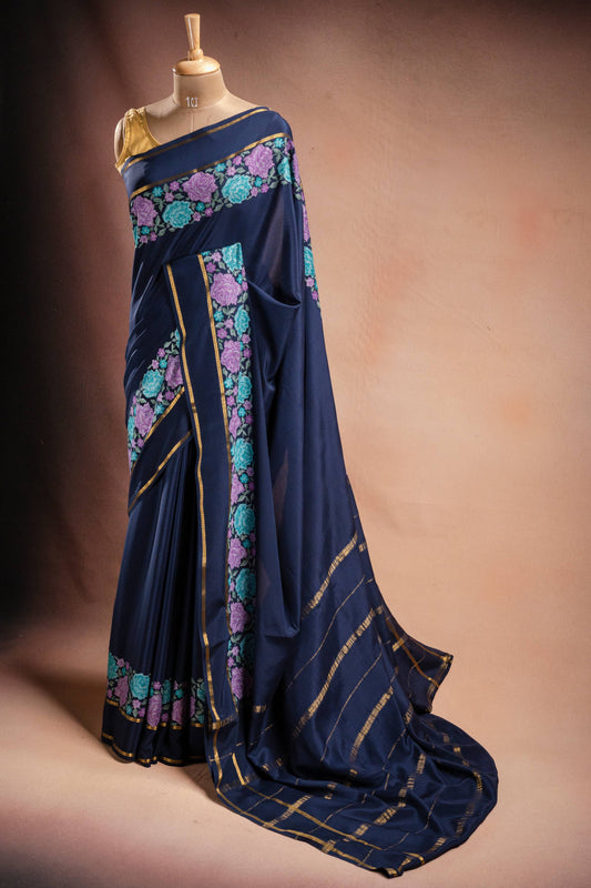 Navy Blue Crepe Saree with Floral Embroidery