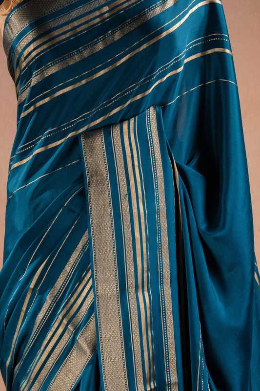 Blue Crepe Silk Saree with Zari Piping Border