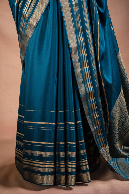 Blue Crepe Silk Saree with Zari Piping Border
