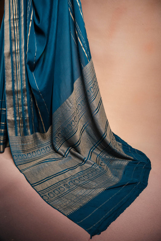 Blue Crepe Silk Saree with Zari Piping Border