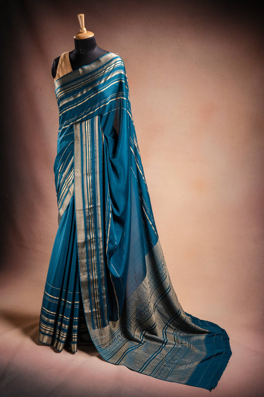 Blue Crepe Silk Saree with Zari Piping Border