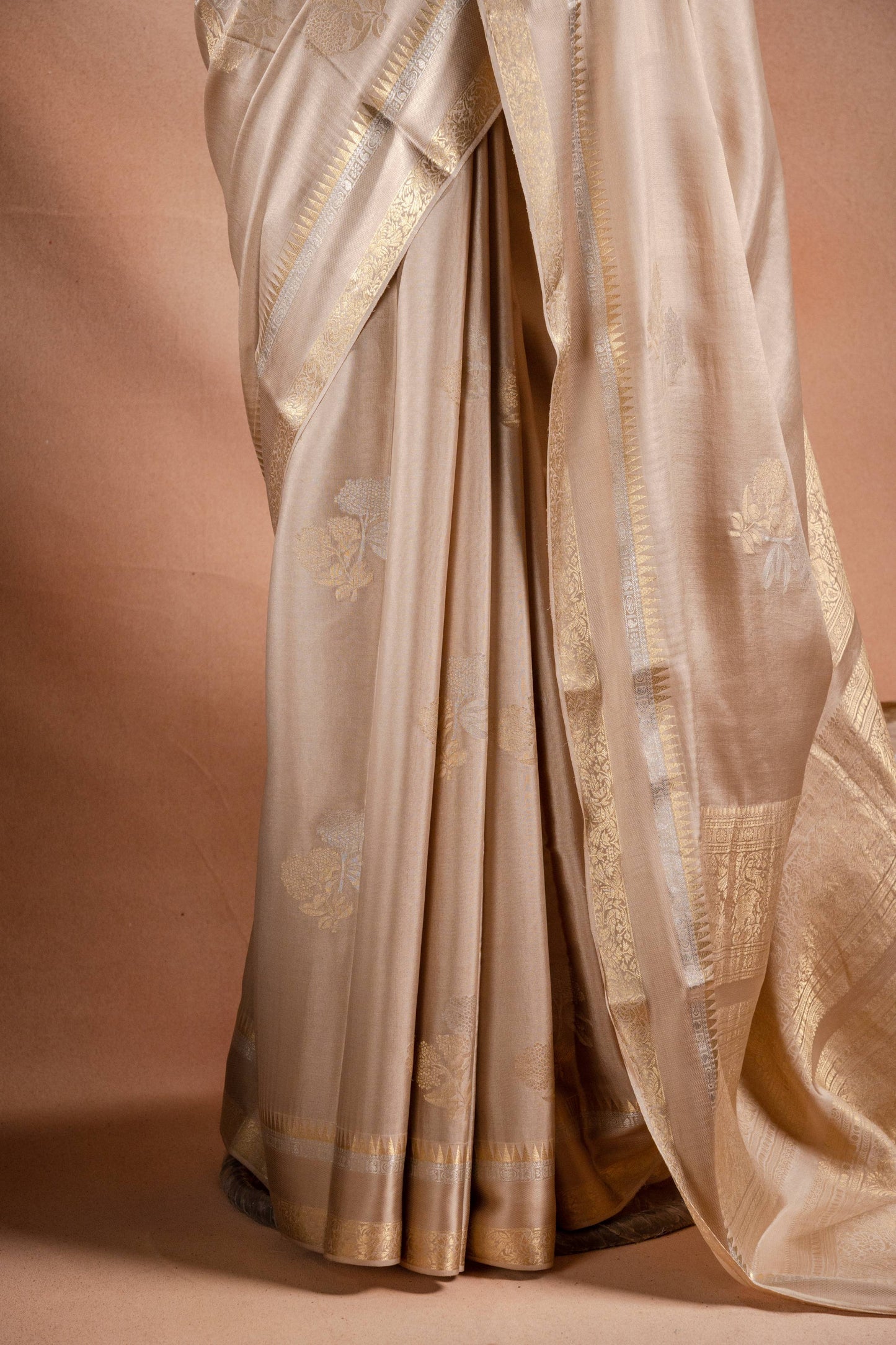 Beige Crepe Silk Saree with Double Mispick Zari Roses