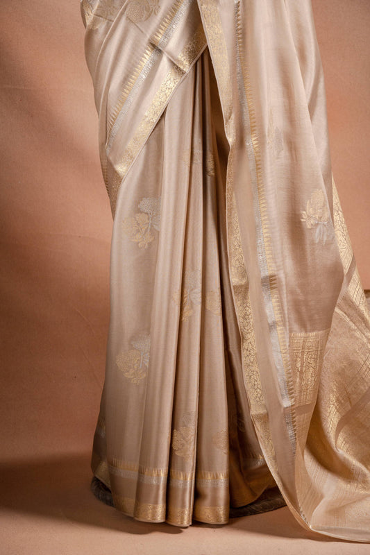 Beige Crepe Silk Saree with Double Mispick Zari Roses