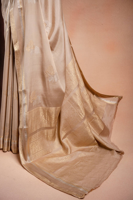 Beige Crepe Silk Saree with Double Mispick Zari Roses