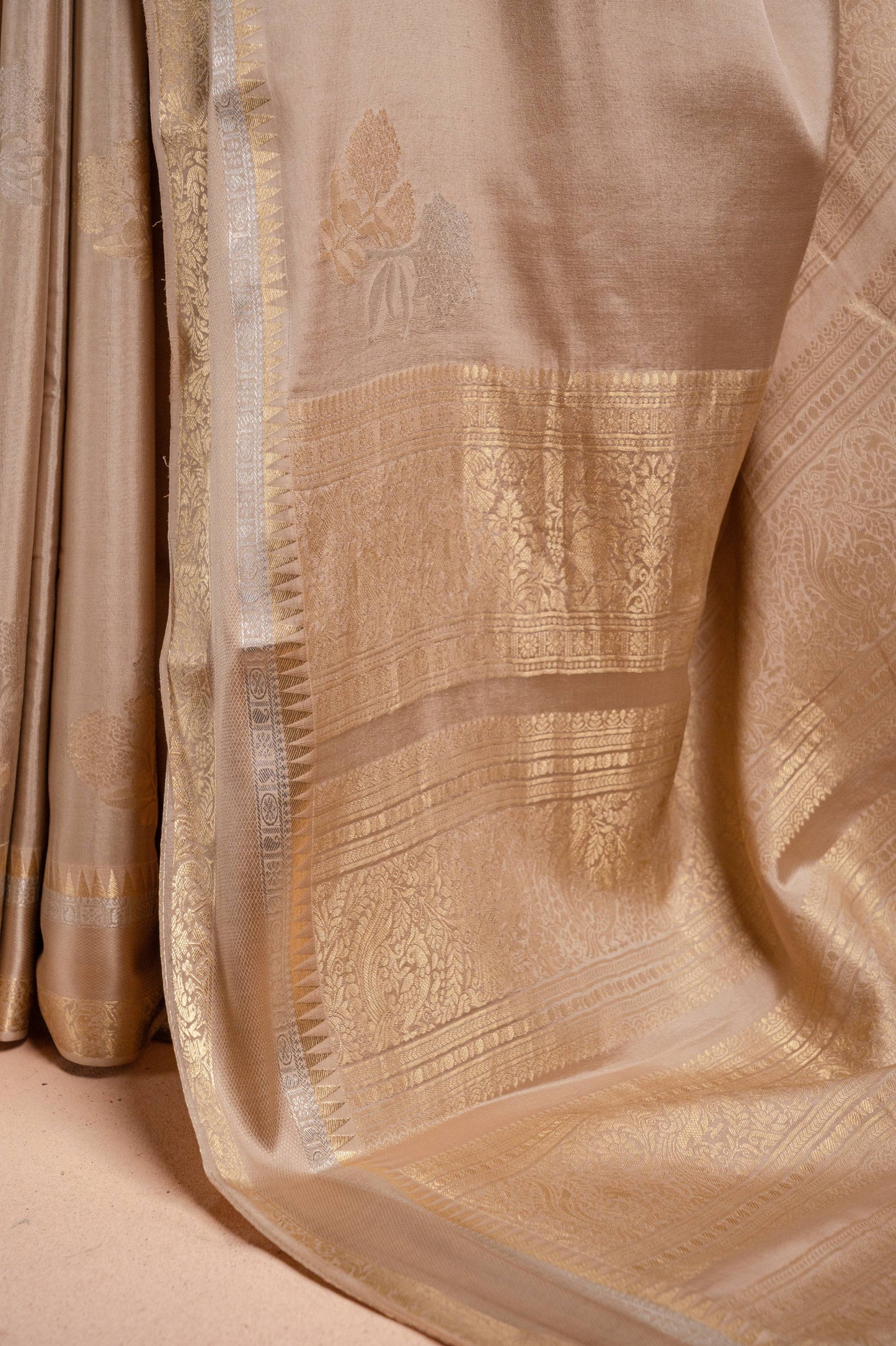 Beige Crepe Silk Saree with Double Mispick Zari Roses