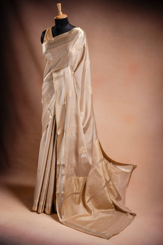 Beige Crepe Silk Saree with Double Mispick Zari Roses