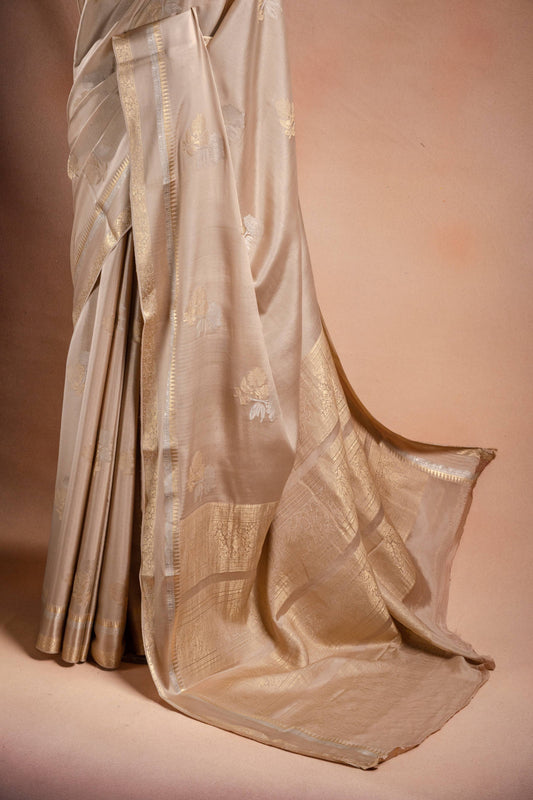 Beige Crepe Silk Saree with Double Mispick Zari Roses