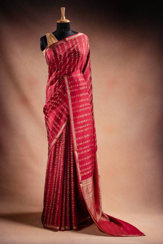 Red Banarasi Silk Saree with Floral Zari Weaving