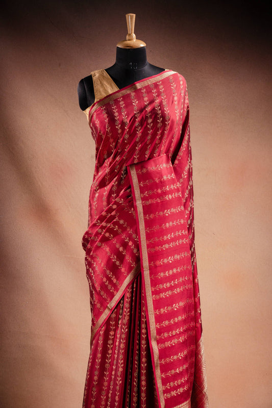 Red Banarasi Silk Saree with Floral Zari Weaving