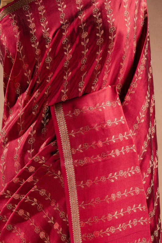 Red Banarasi Silk Saree with Floral Zari Weaving