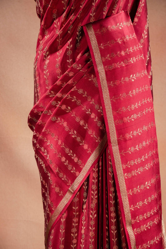 Red Banarasi Silk Saree with Floral Zari Weaving
