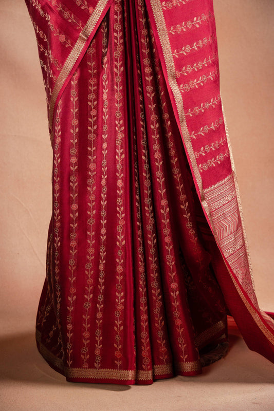 Red Banarasi Silk Saree with Floral Zari Weaving