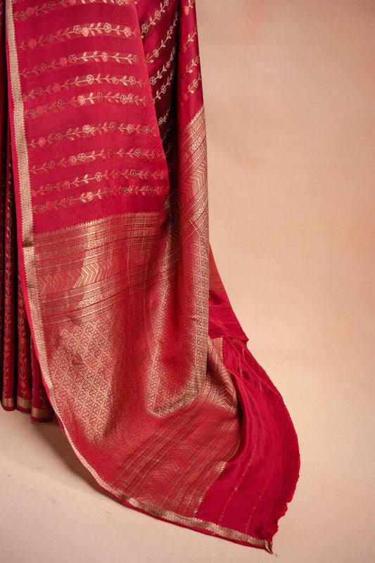 Red Banarasi Silk Saree with Floral Zari Weaving