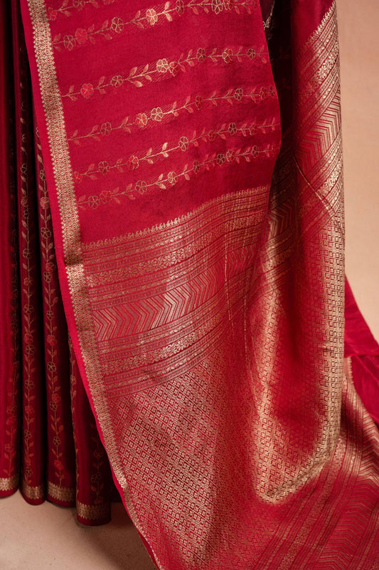 Red Banarasi Silk Saree with Floral Zari Weaving