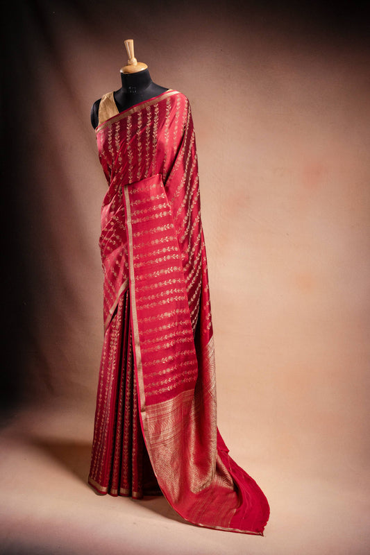 Red Banarasi Silk Saree with Floral Zari Weaving