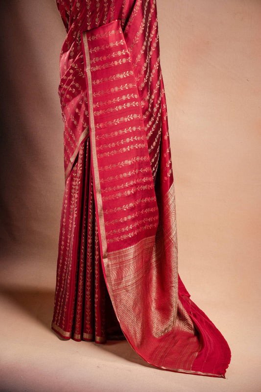 Red Banarasi Silk Saree with Floral Zari Weaving
