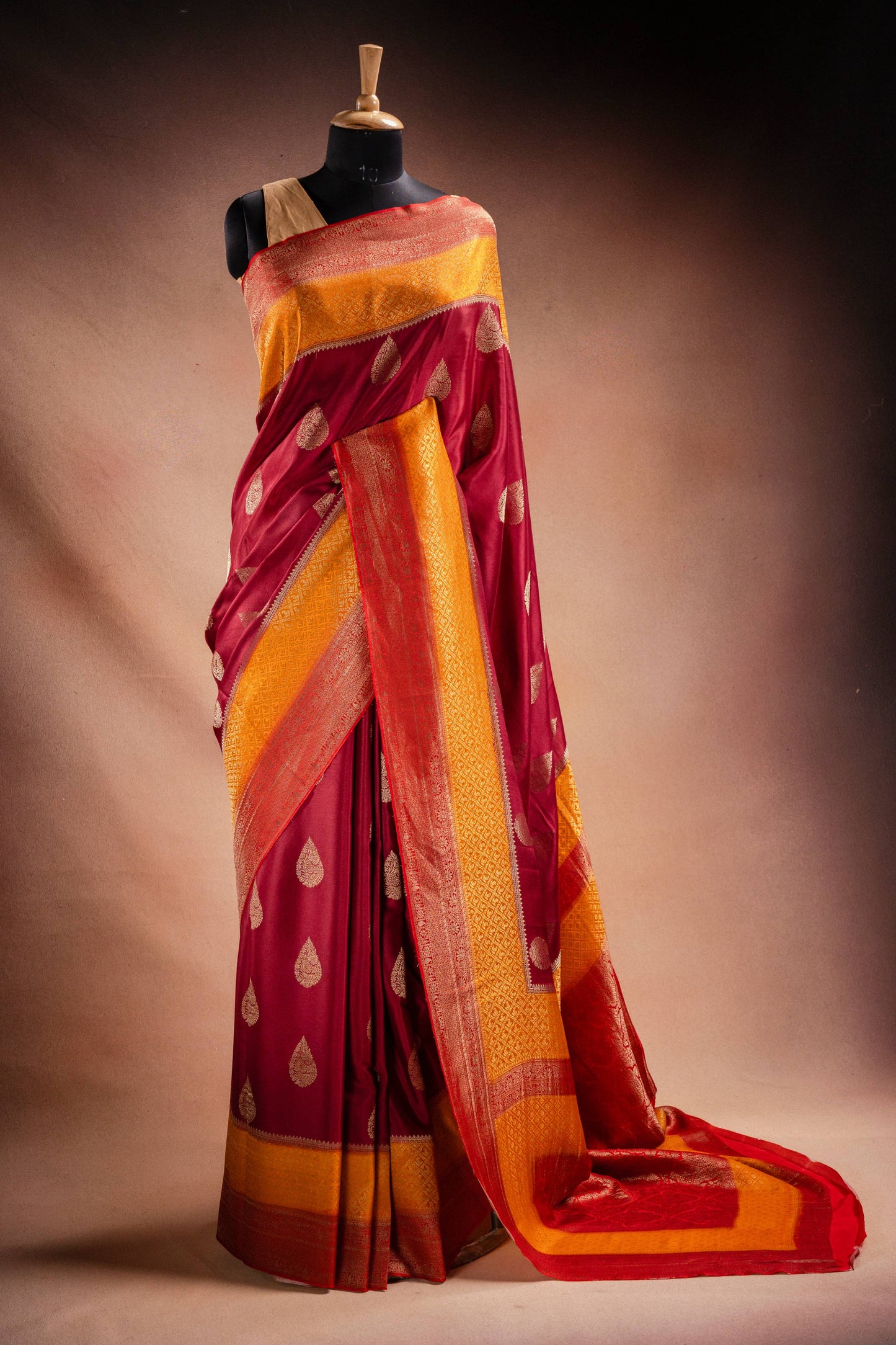 Maroon and Mustard Crepe Silk Saree with Contrast Border