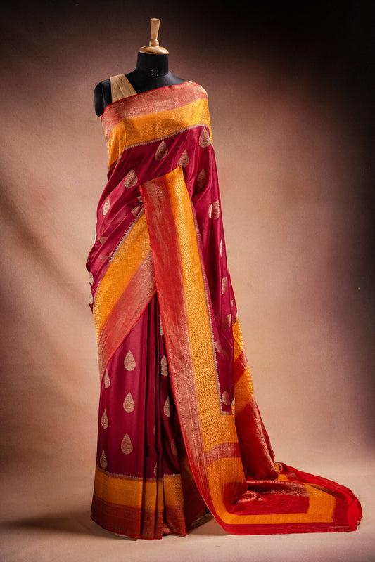 Maroon and Mustard Crepe Silk Saree with Contrast Border