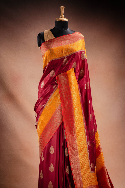 Maroon and Mustard Crepe Silk Saree with Contrast Border