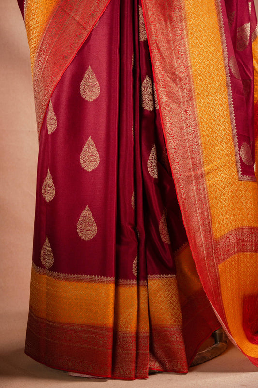 Maroon and Mustard Crepe Silk Saree with Contrast Border