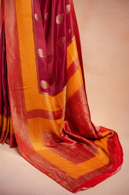 Maroon and Mustard Crepe Silk Saree with Contrast Border