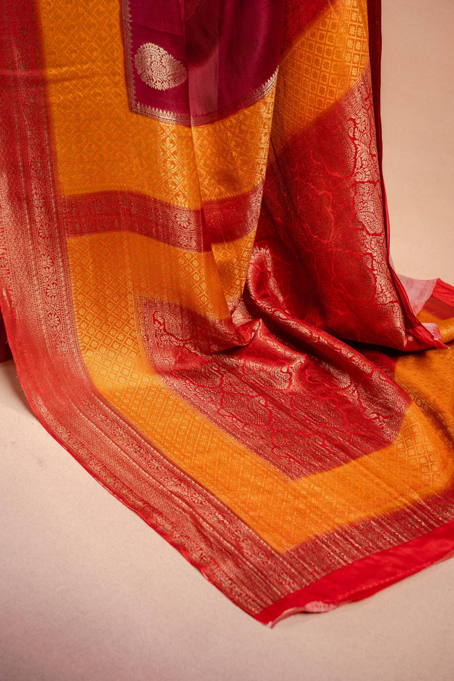 Maroon and Mustard Crepe Silk Saree with Contrast Border
