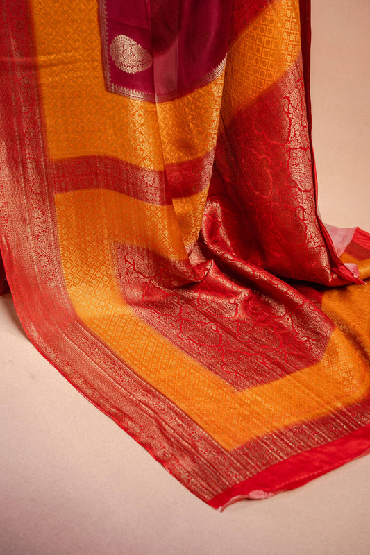 Maroon and Mustard Crepe Silk Saree with Contrast Border