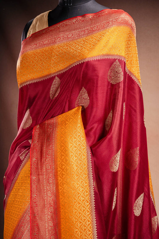Maroon and Mustard Crepe Silk Saree with Contrast Border