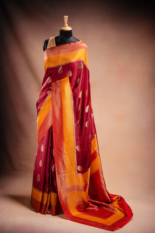 Maroon and Mustard Crepe Silk Saree with Contrast Border