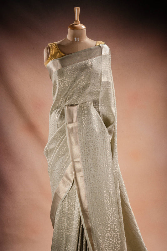 Beige Crepe Silk Saree with All-Over Weave