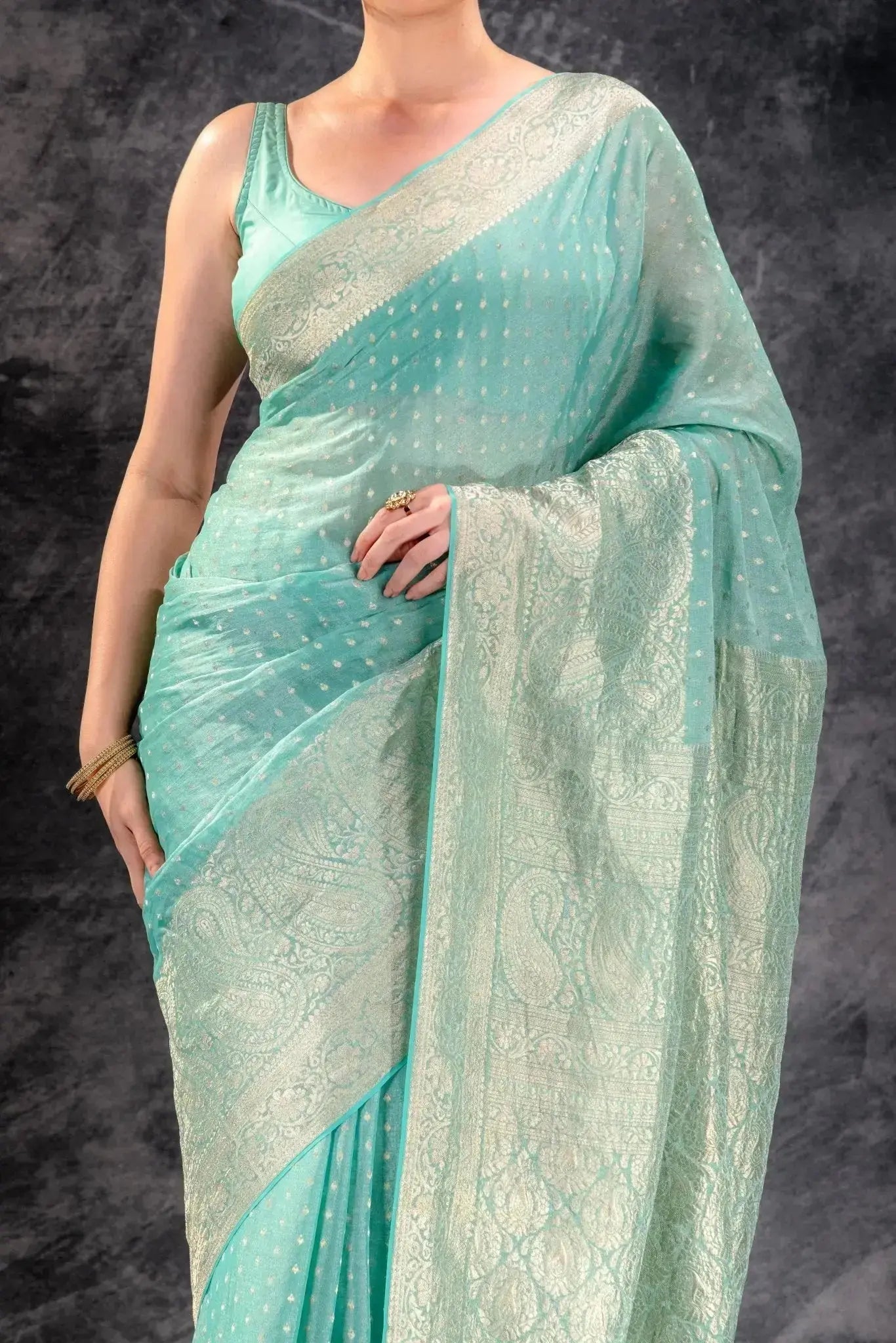 Sea Green Tissue Saree with Majestic Mango Border and Woven Buttas that-saree-shop.myshopify.com