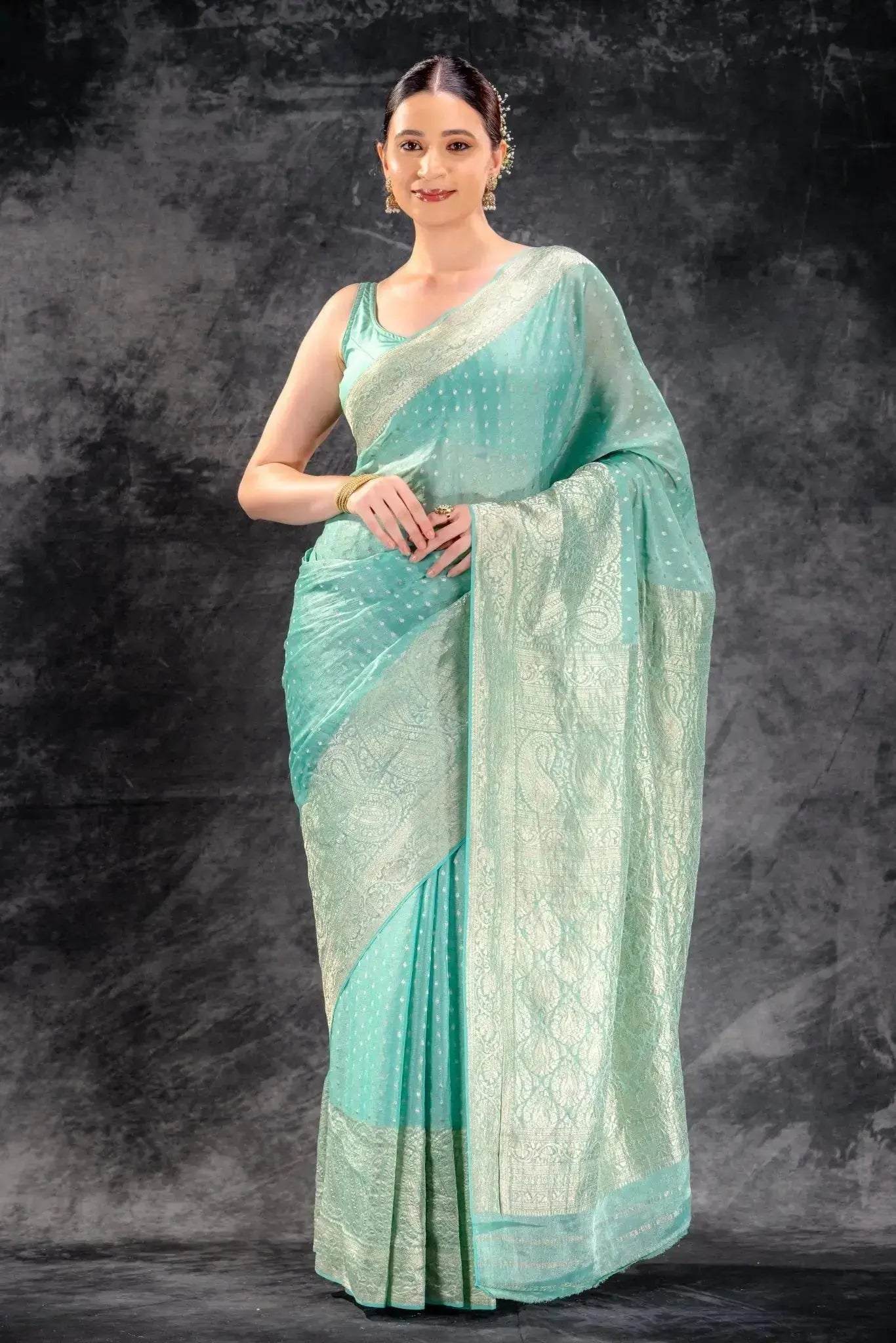 Sea Green Tissue Saree with Majestic Mango Border and Woven Buttas that-saree-shop.myshopify.com