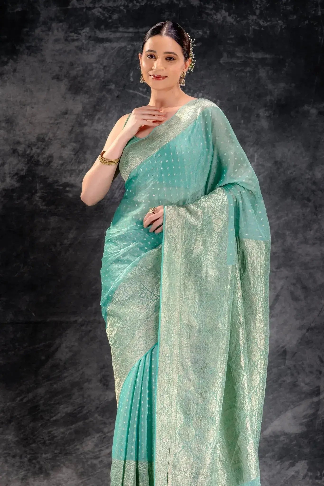 Sea Green Tissue Saree with Majestic Mango Border and Woven Buttas that-saree-shop.myshopify.com