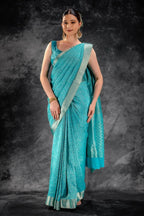 Sea Teal Zari Crepe Brocade Saree with Intricate Zari Floral Weave that-saree-shop.myshopify.com
