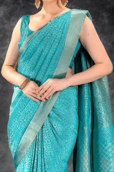 Sea Teal Zari Crepe Brocade Saree with Intricate Zari Floral Weave that-saree-shop.myshopify.com