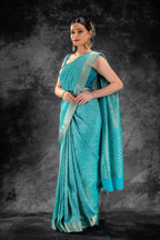 Sea Teal Zari Crepe Brocade Saree with Intricate Zari Floral Weave that-saree-shop.myshopify.com