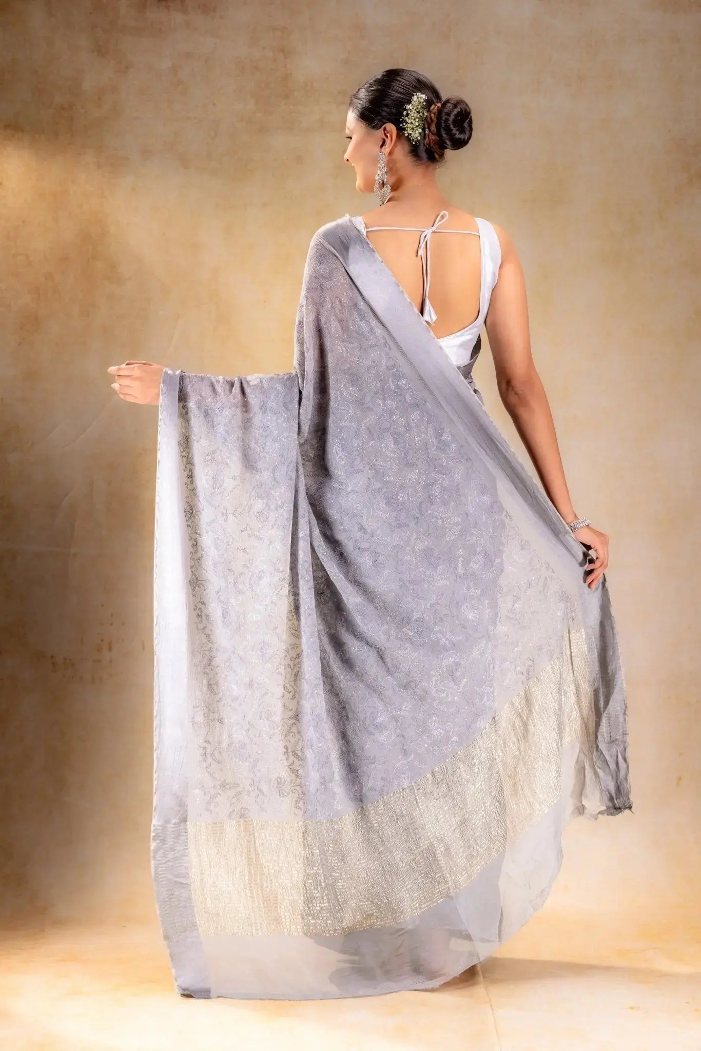 Silver Grey Chiffon Silk Saree with Embroidery that-saree-shop.myshopify.com