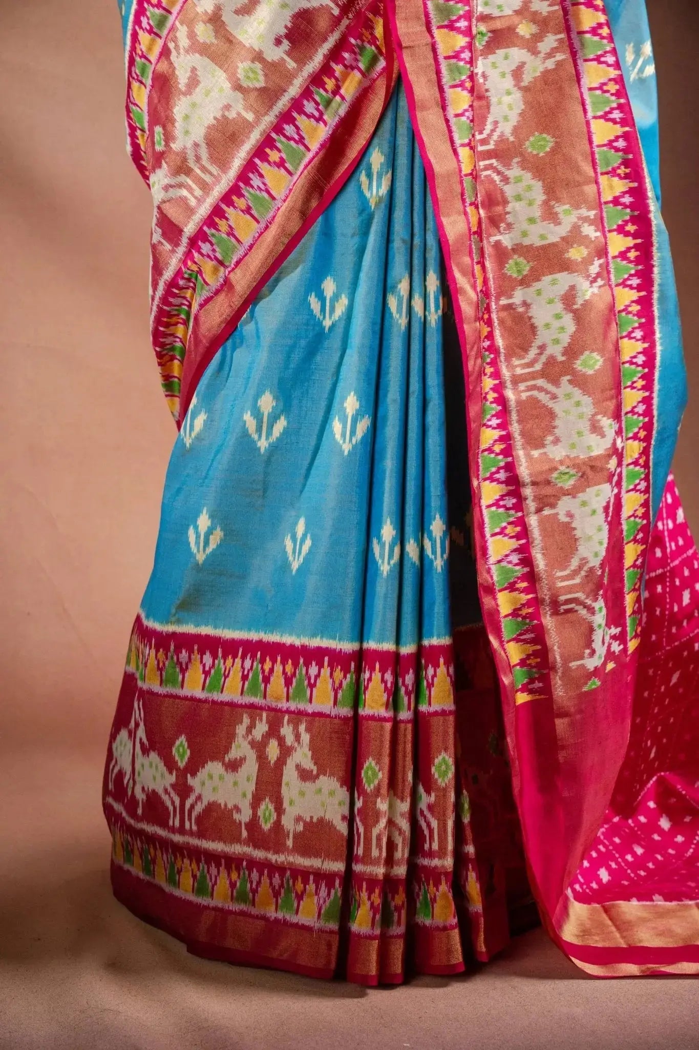 Sky Blue Pochampally Silk Saree with Pink Border that-saree-shop.myshopify.com