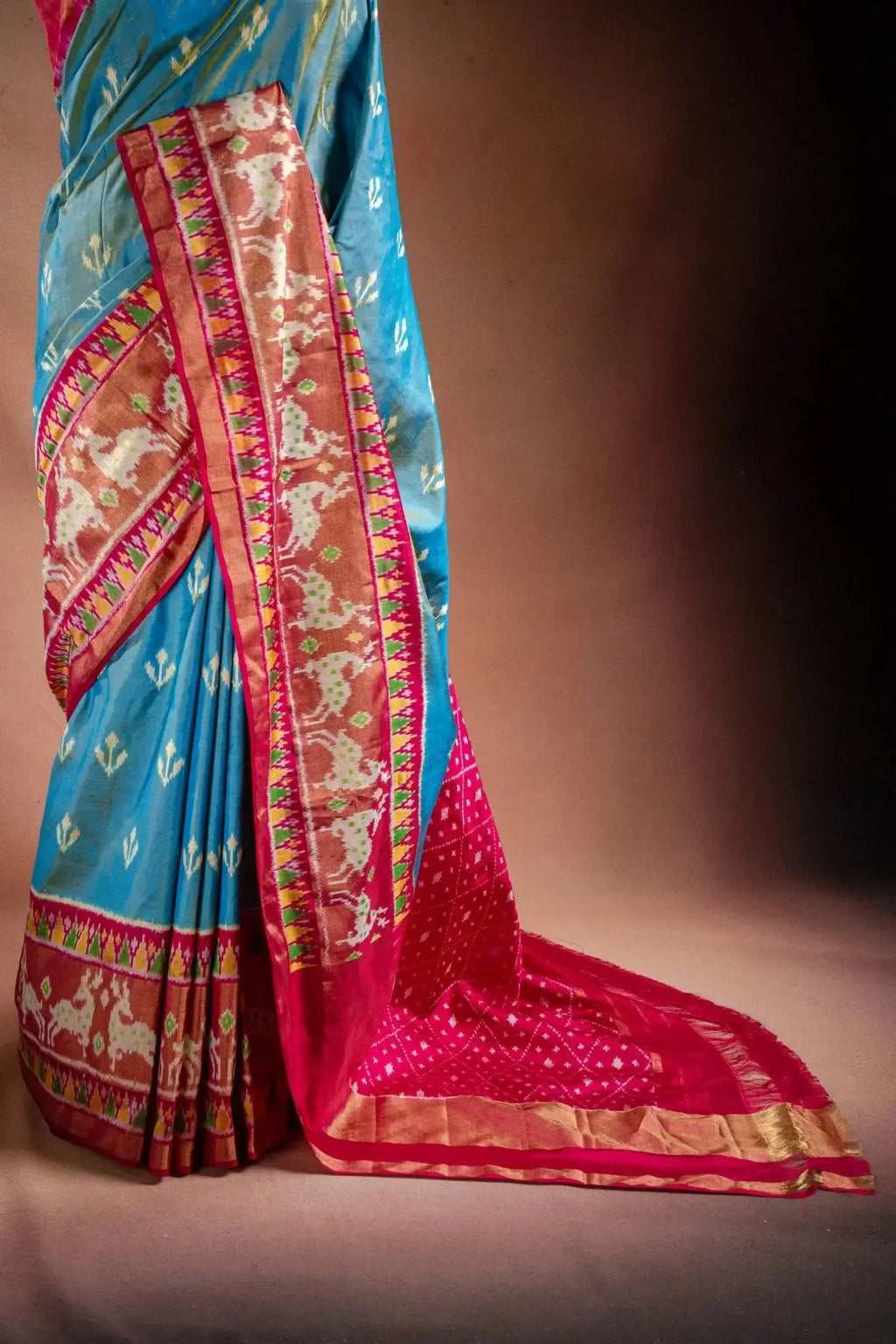 Sky Blue Pochampally Silk Saree with Pink Border that-saree-shop.myshopify.com
